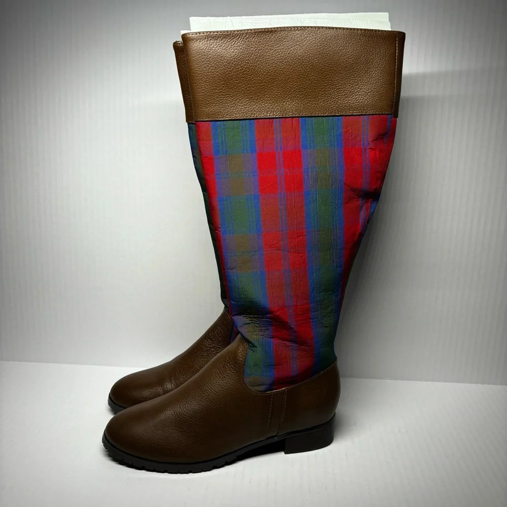 Jeffery Banks - Brown Leather Knee-High Boots with Red & Green Plaid Shaft